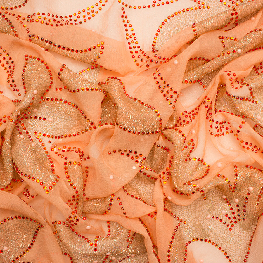 Peach & Tangerine Diamanté Silk Chiffon Fabric