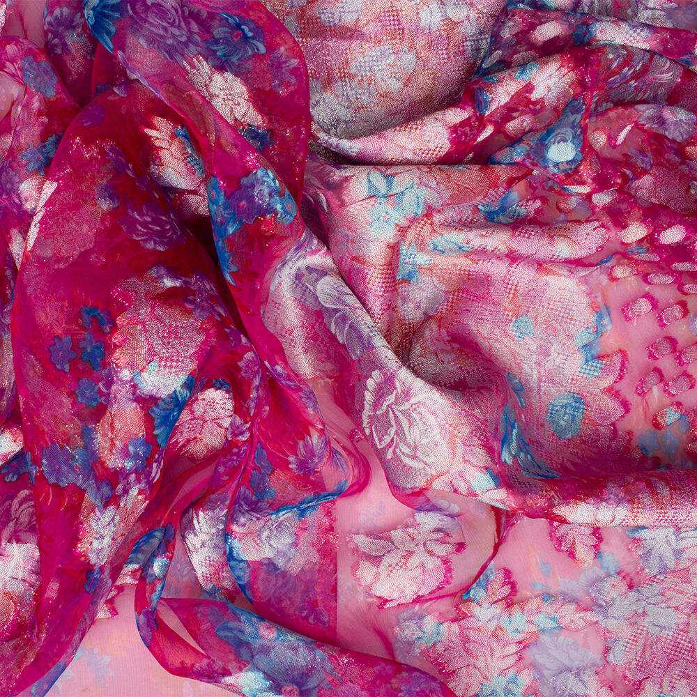 Pink/Blue Floral Silk Lamé Fabric