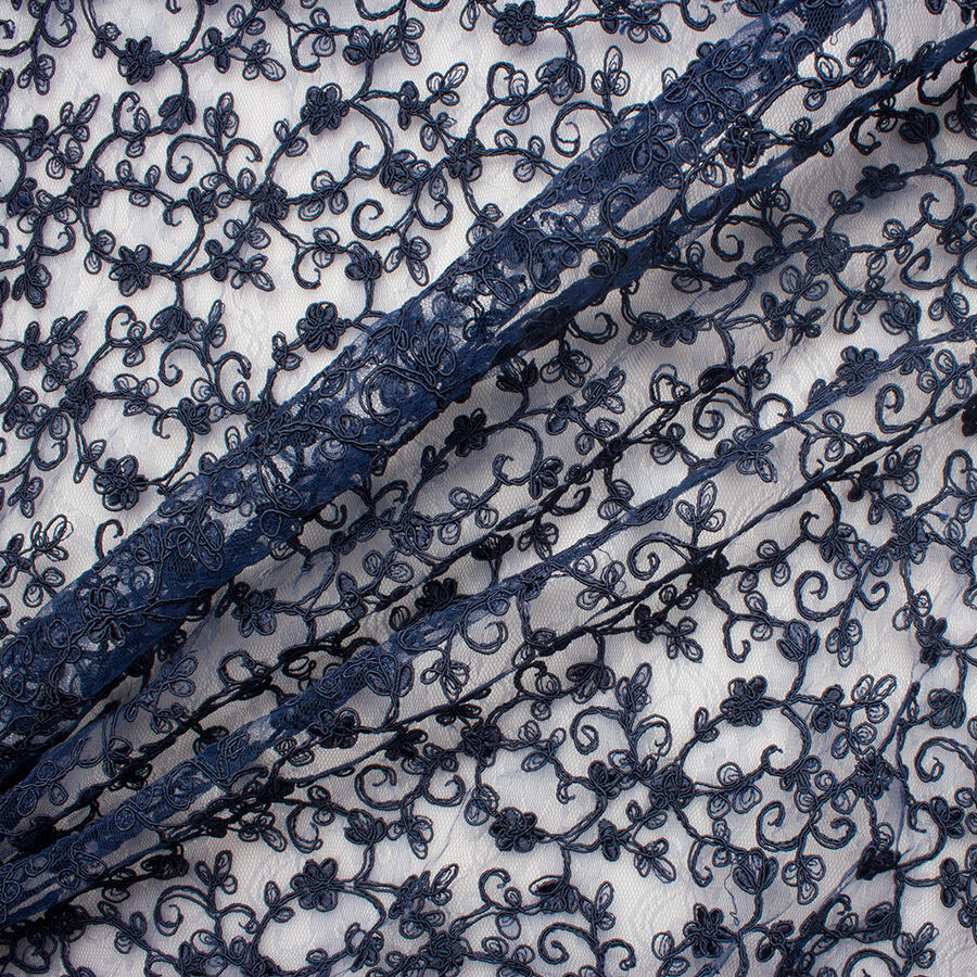 Dark Blue Floral Embroidered Tulle