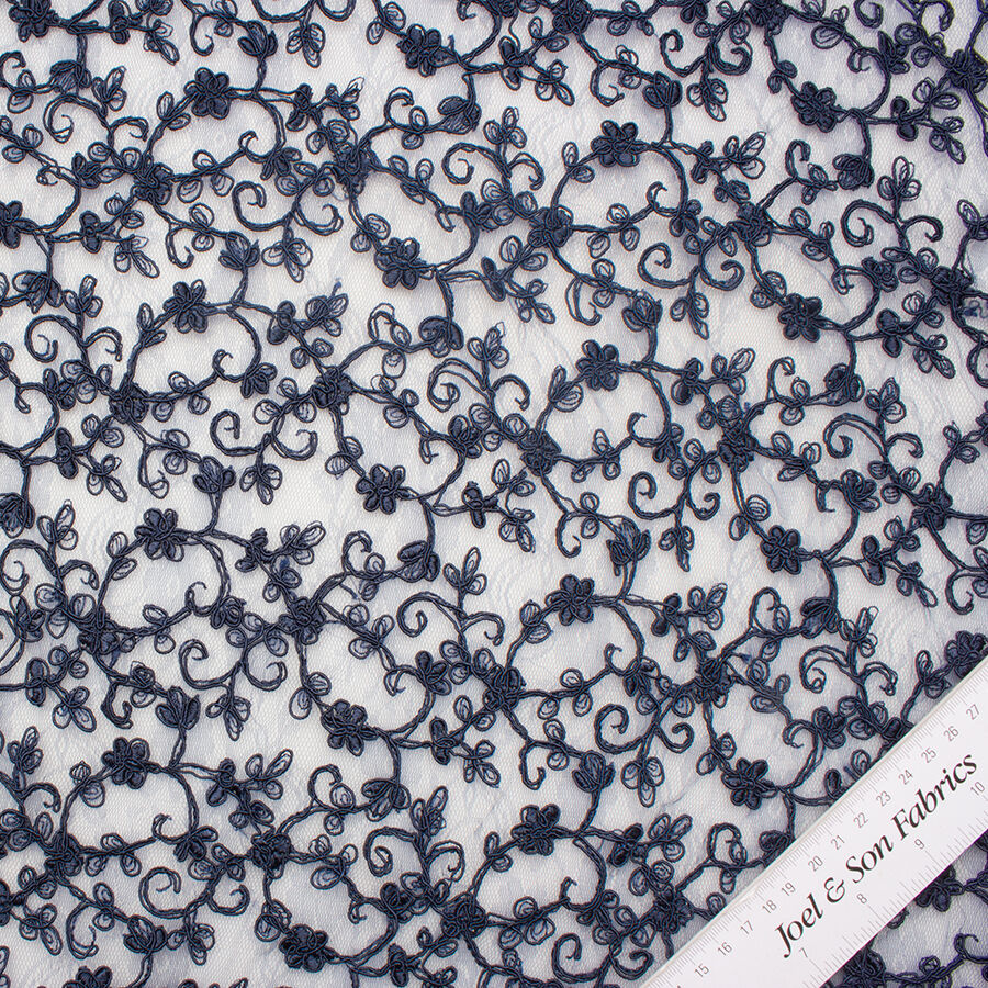 Dark Blue Floral Embroidered Tulle