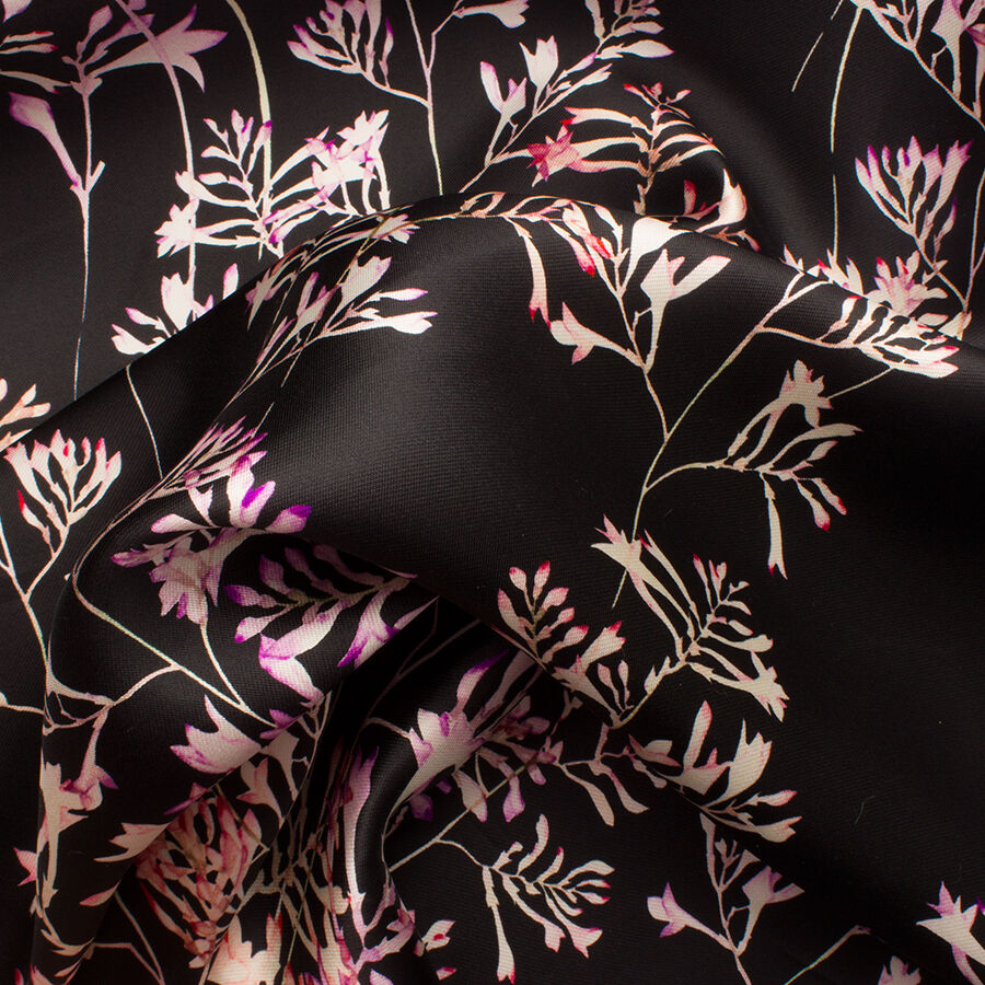 Pink Floral Black Silk Mikado