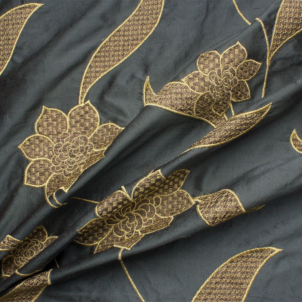 Gold Floral Embroidered Grey Silk Dupion