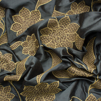 Gold Floral Embroidered Grey Silk Dupion