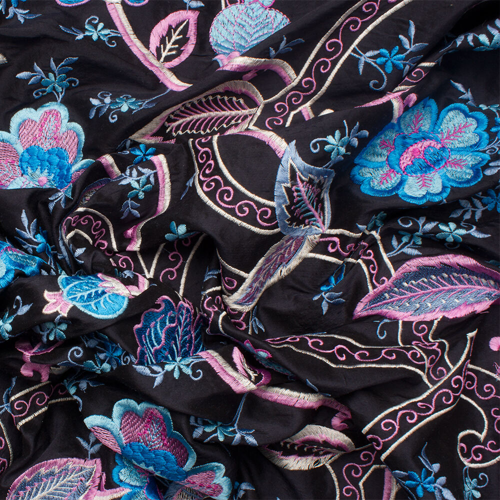 Midnight Blue/Floral Embroidered Silk Dupion