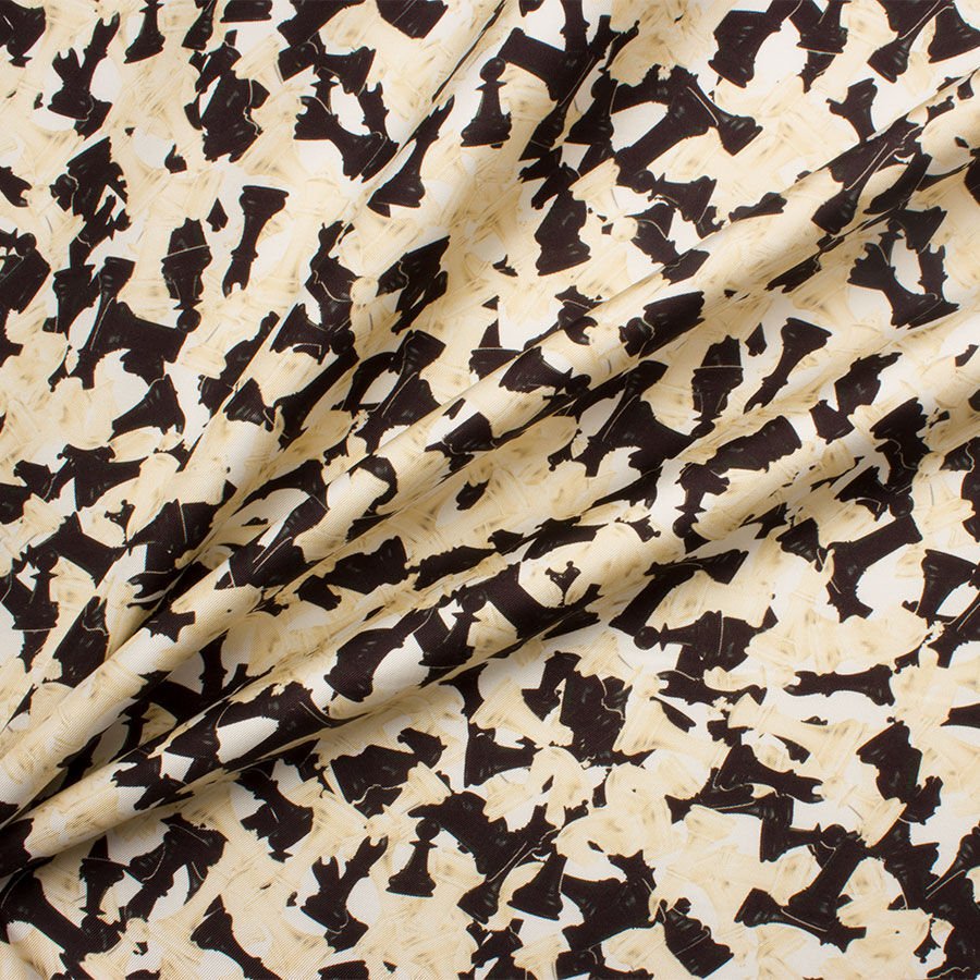 Cream 'Chess Pieces' Printed Silk Twill