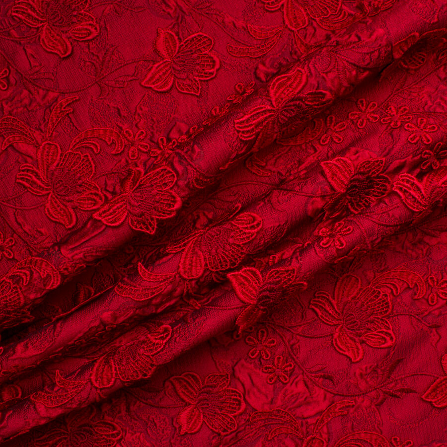 Deep Red Embroidered Floral Cloqué