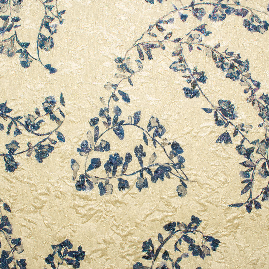 Blue Floral Printed Cloqué Lamé