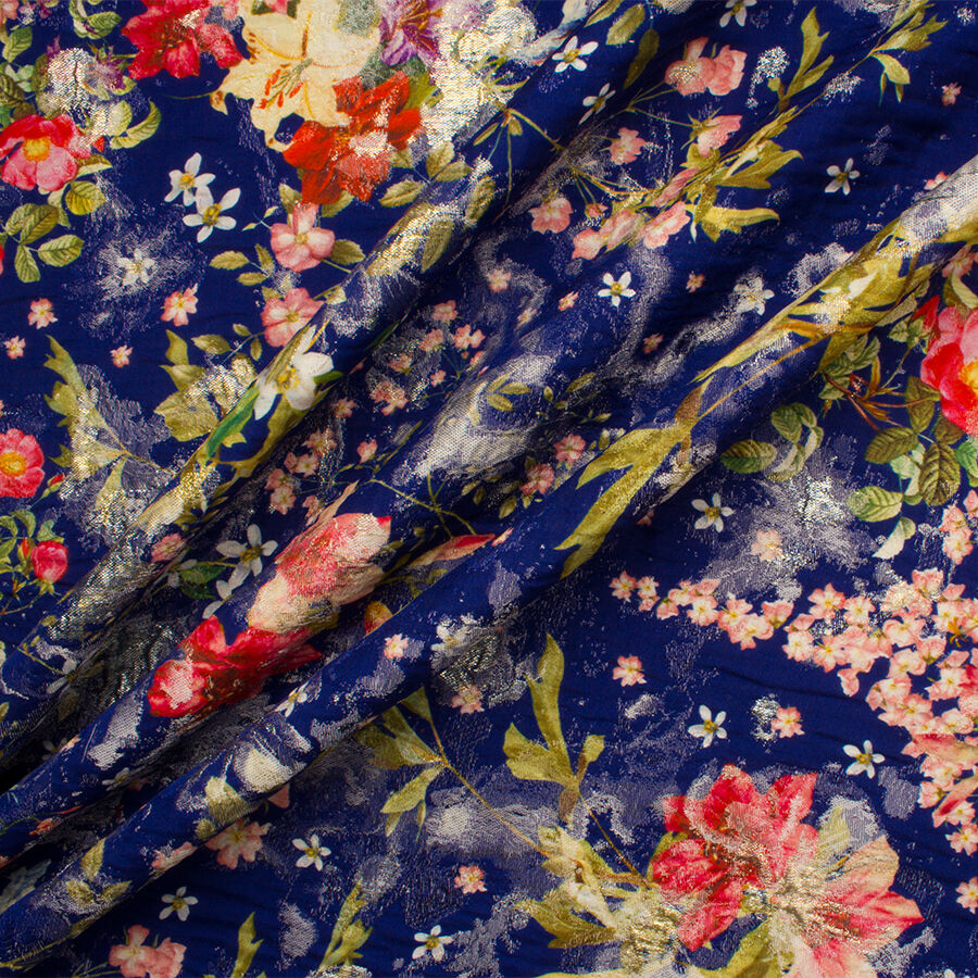 Blue/Multi Floral Metallic Silk Cloqué