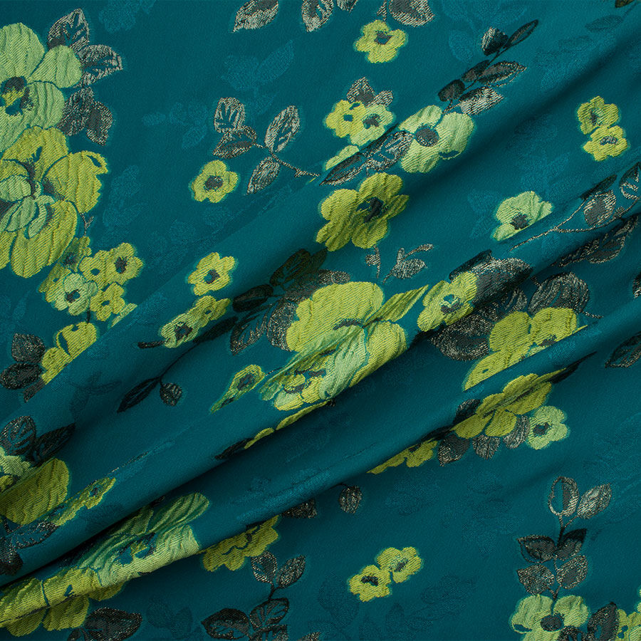 Teal Green Floral Silk Jacquard Cloqué