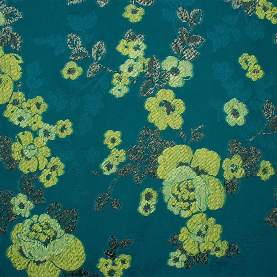 Teal Green Floral Silk Jacquard Cloqué