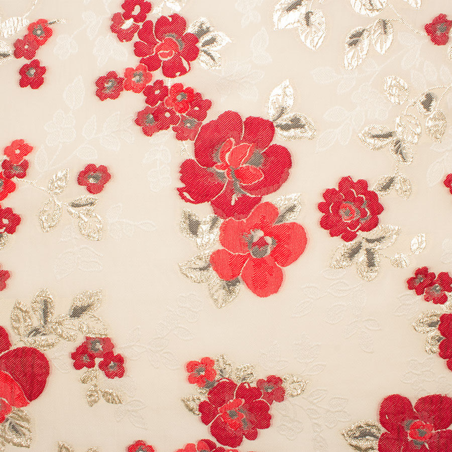 Red Floral Cream Silk Jacquard Cloqué