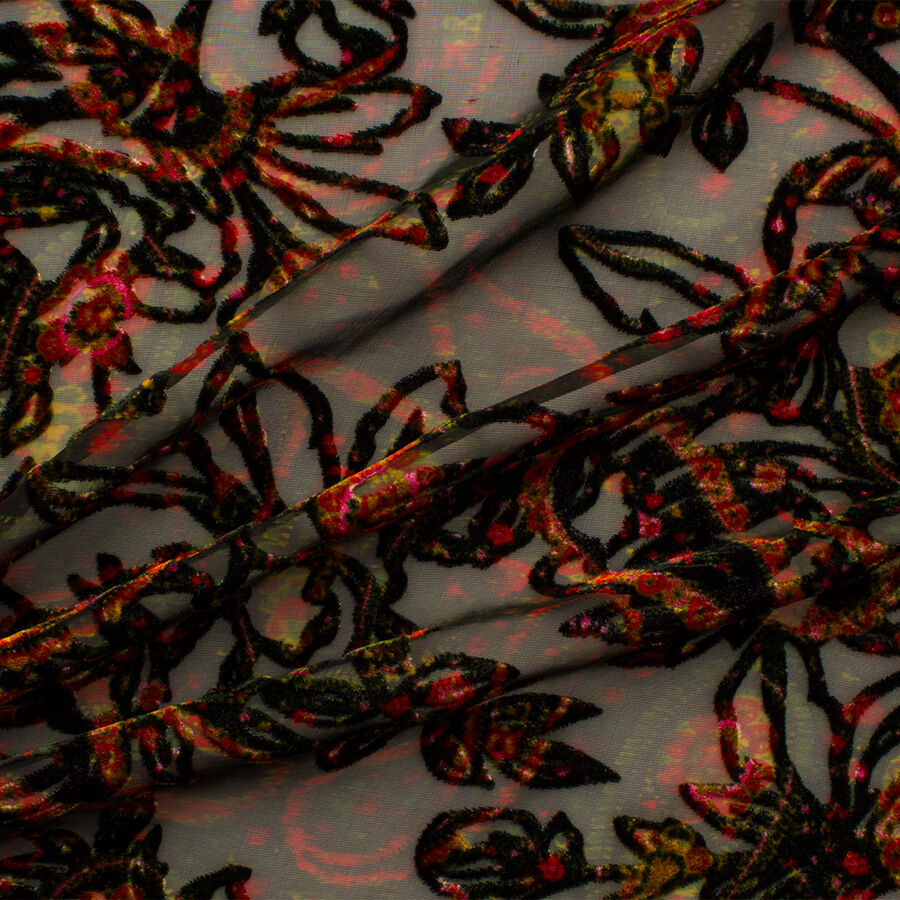 Black/Red Floral Devoré Velvet