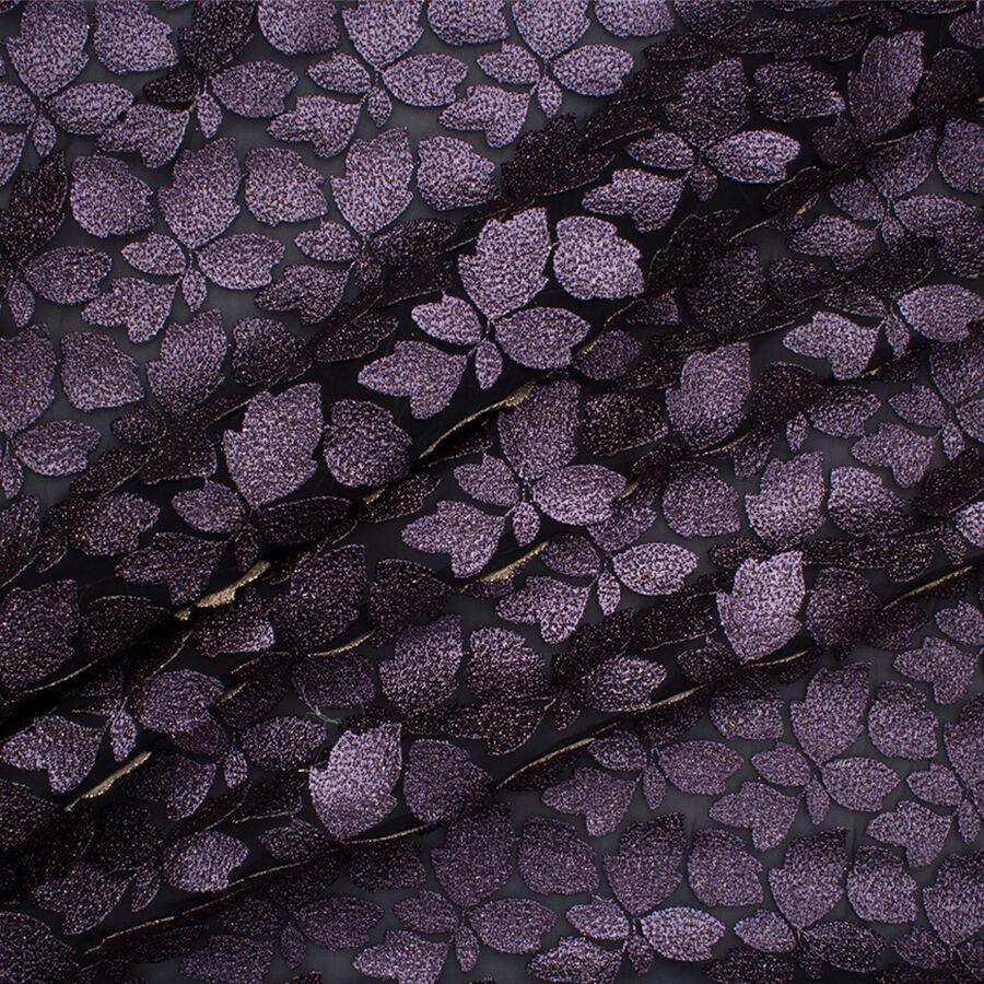 Dark Purple Metallic Leaf Allover Embroidered Fabric