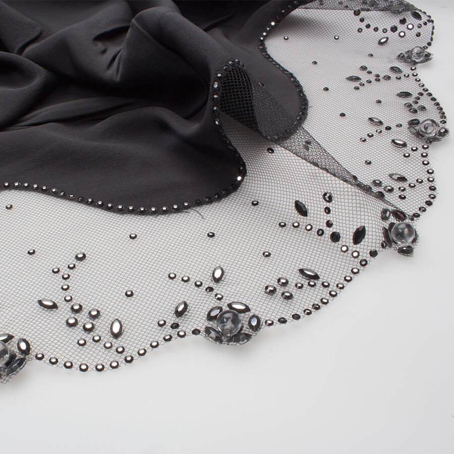 Dark Grey Swarovski Trimmed Silk Crepe de Chine