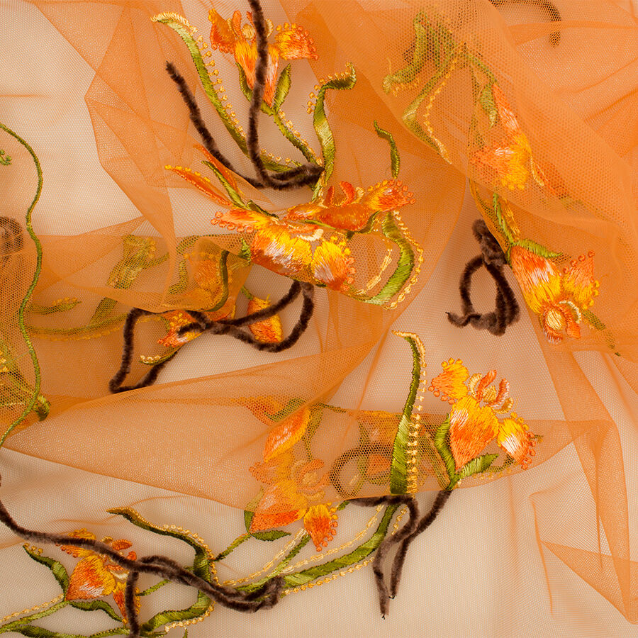 Floral Floral Embroidered Orange Tulle