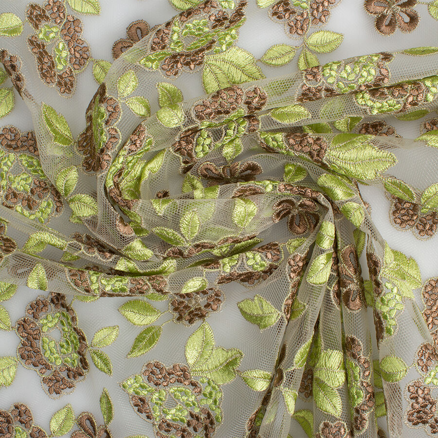 Green & Brown Floral Embroidered Tulle