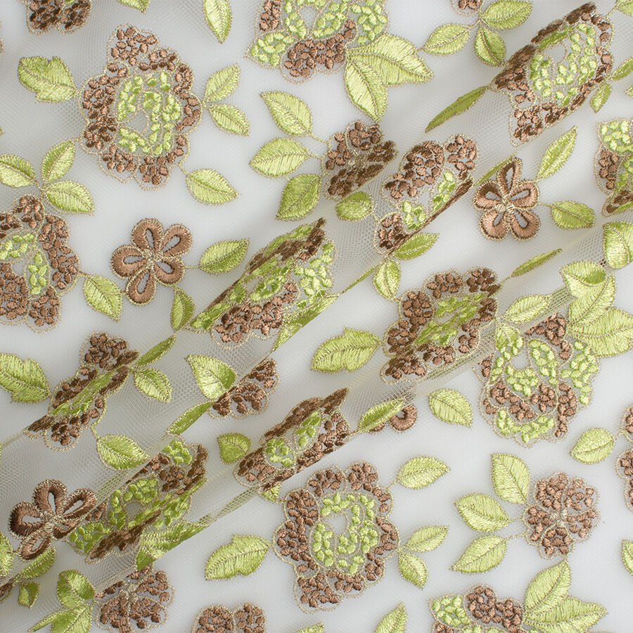 Green & Brown Floral Embroidered Tulle