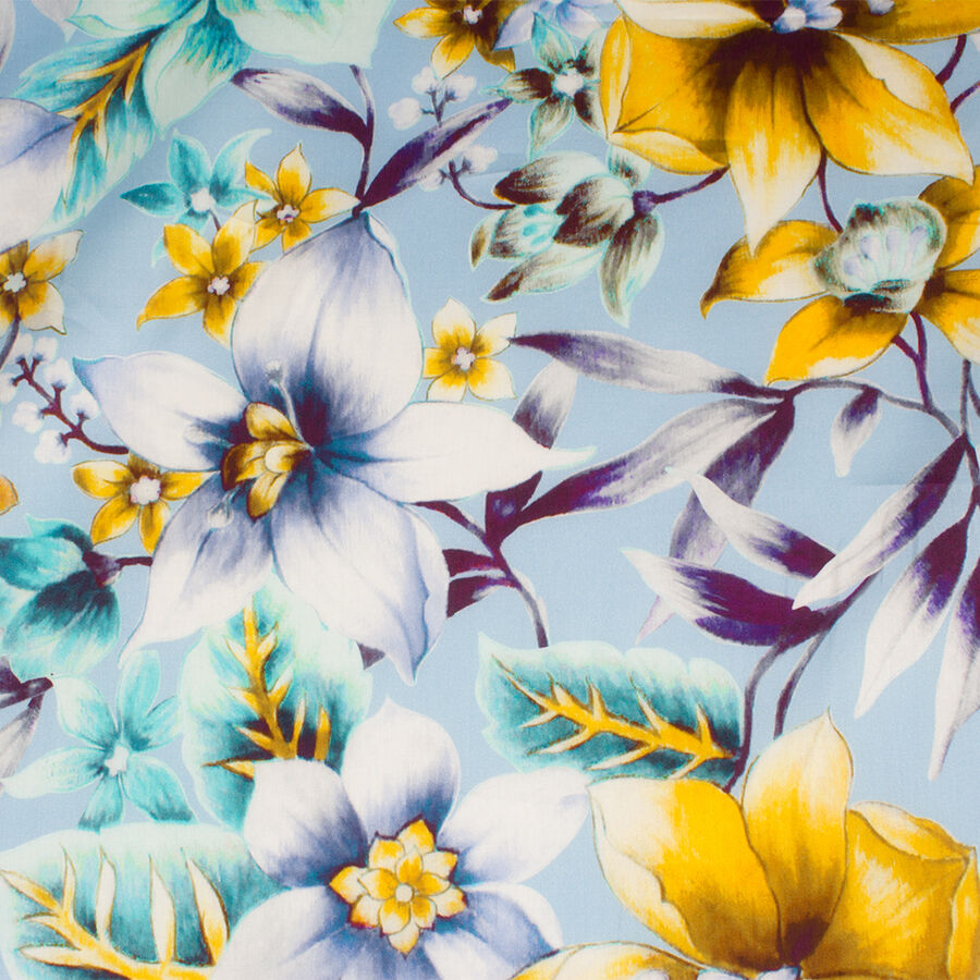 Soft Blue & Yellow Floral Printed Luxury Cotton