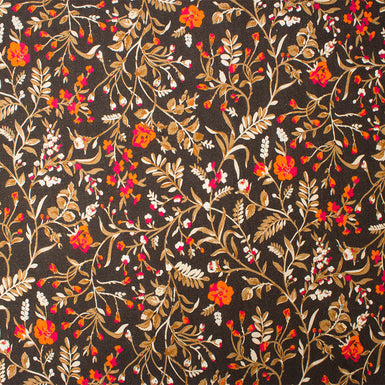 Orange & Pink Floral Printed Black Linen