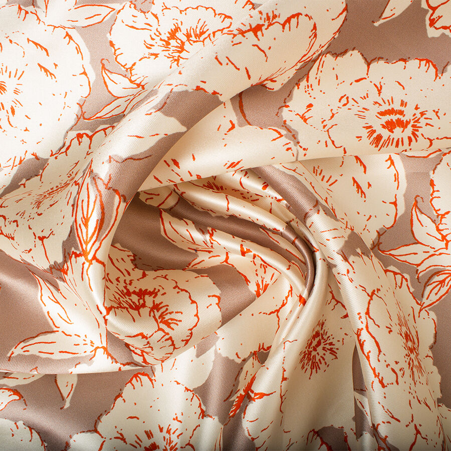 Orange/Ivory Floral Taupe Printed Silk Mikado