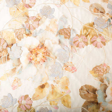 Floral Printed & Embroidered Silk Mikado