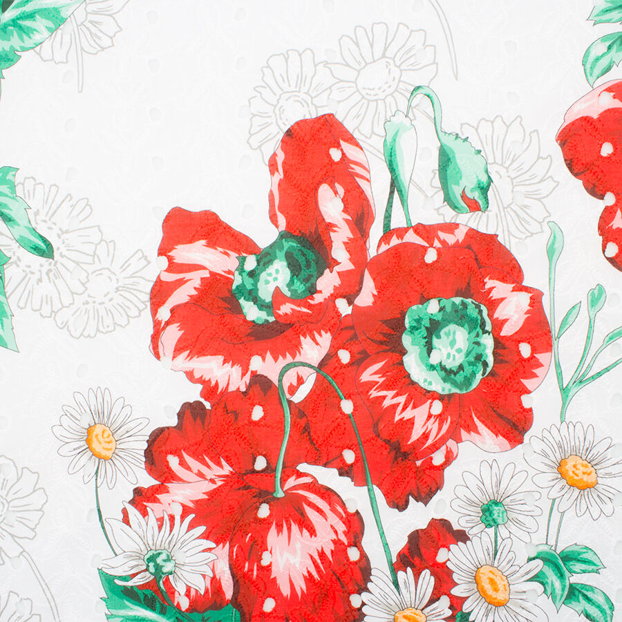 Red Floral Printed White Cotton Embroidery