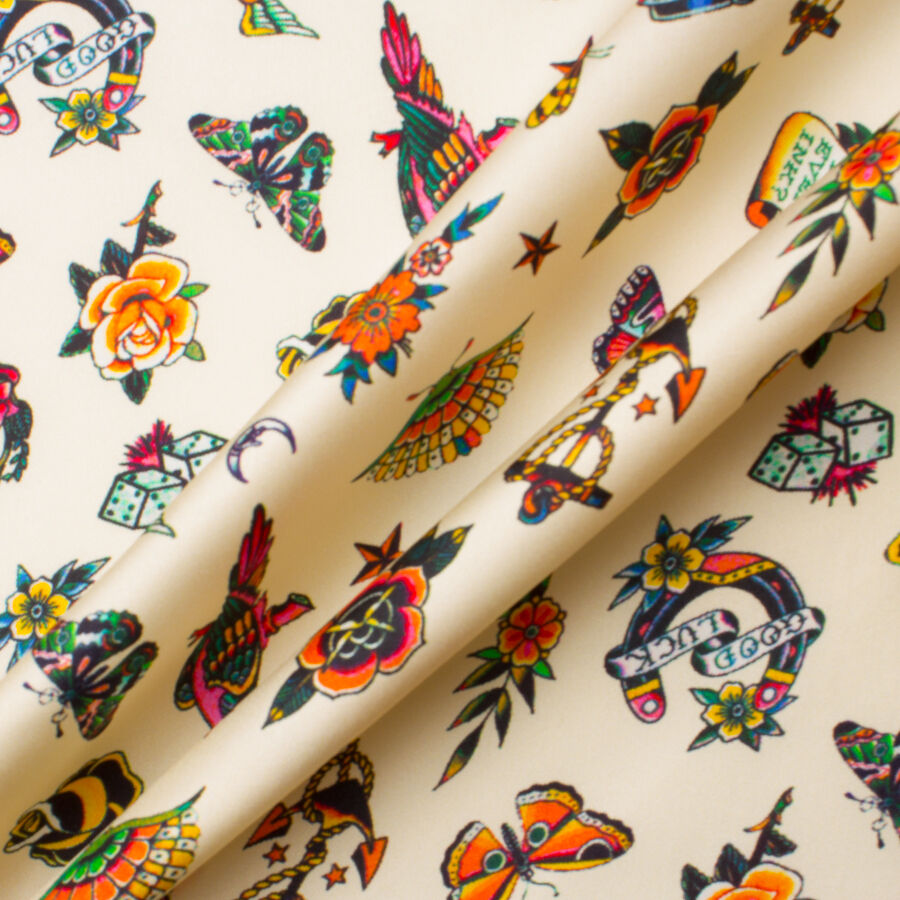 'Tattoo Art' Printed Cream Silk Twill