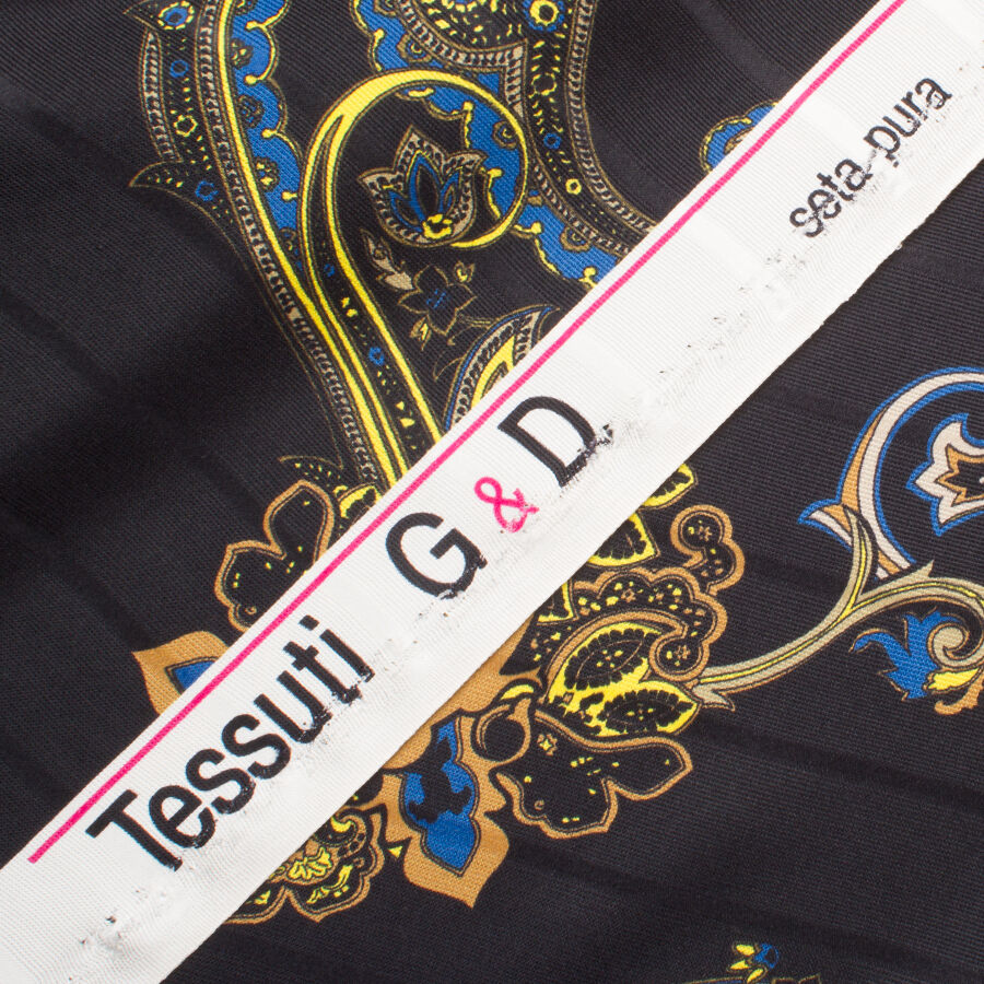 Blue & Yellow Paisley Black Silk Faille