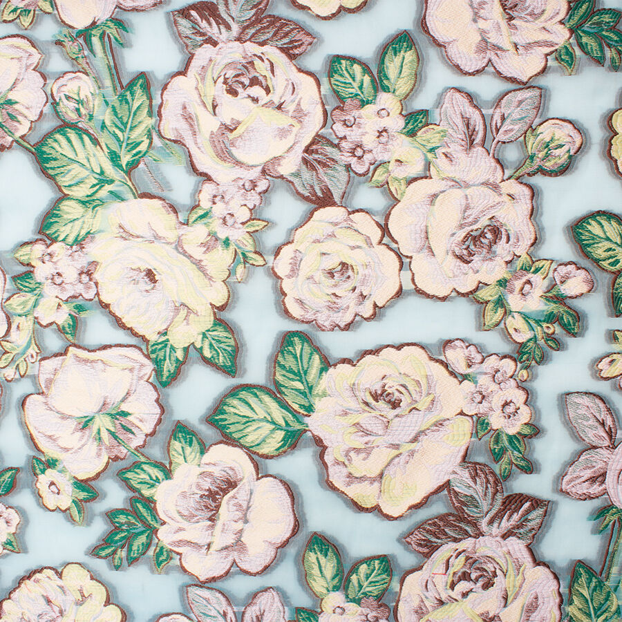 Pink Floral Blue Sheer Silk Cloqué