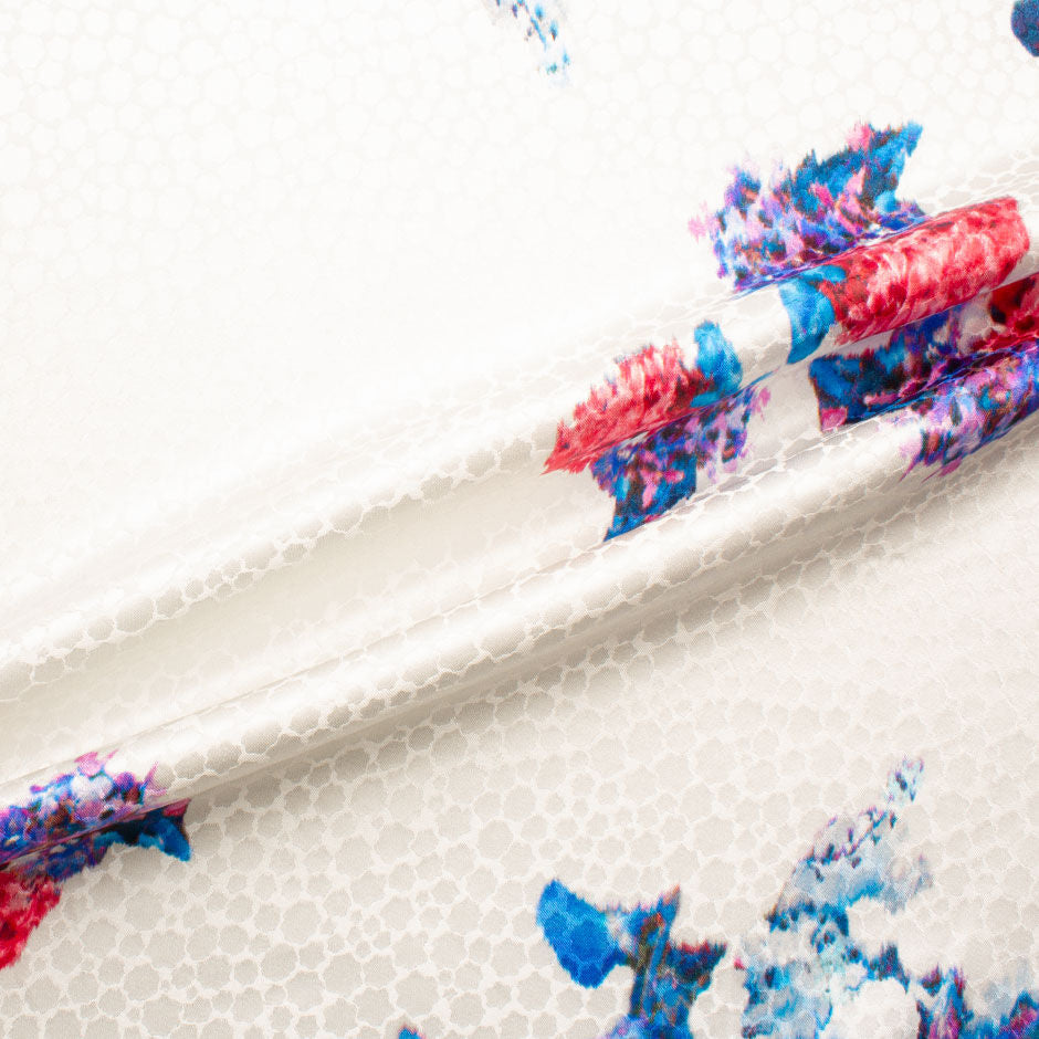 Red, Pink & Blue Floral Printed Ivory Silk Jacquard