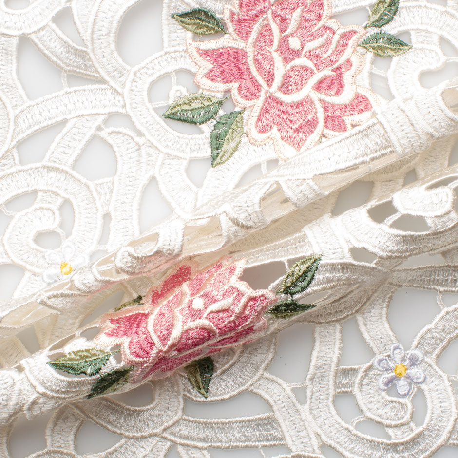 Pink 'Rose' Floral White Guipure Lace