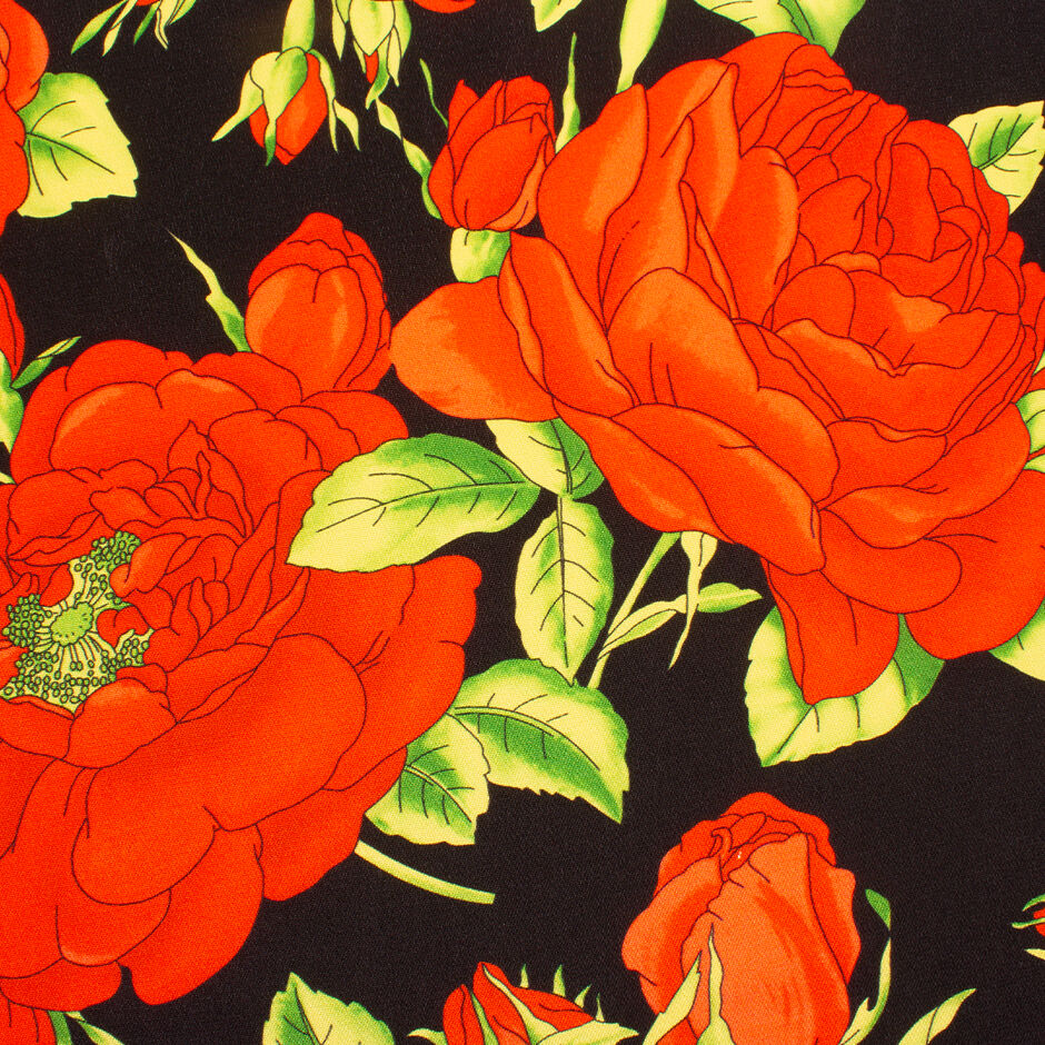 Bold Red Floral Printed Black Silk Crêpe