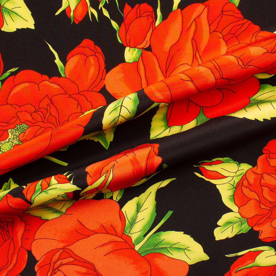 Bold Red Floral Printed Black Silk Crêpe