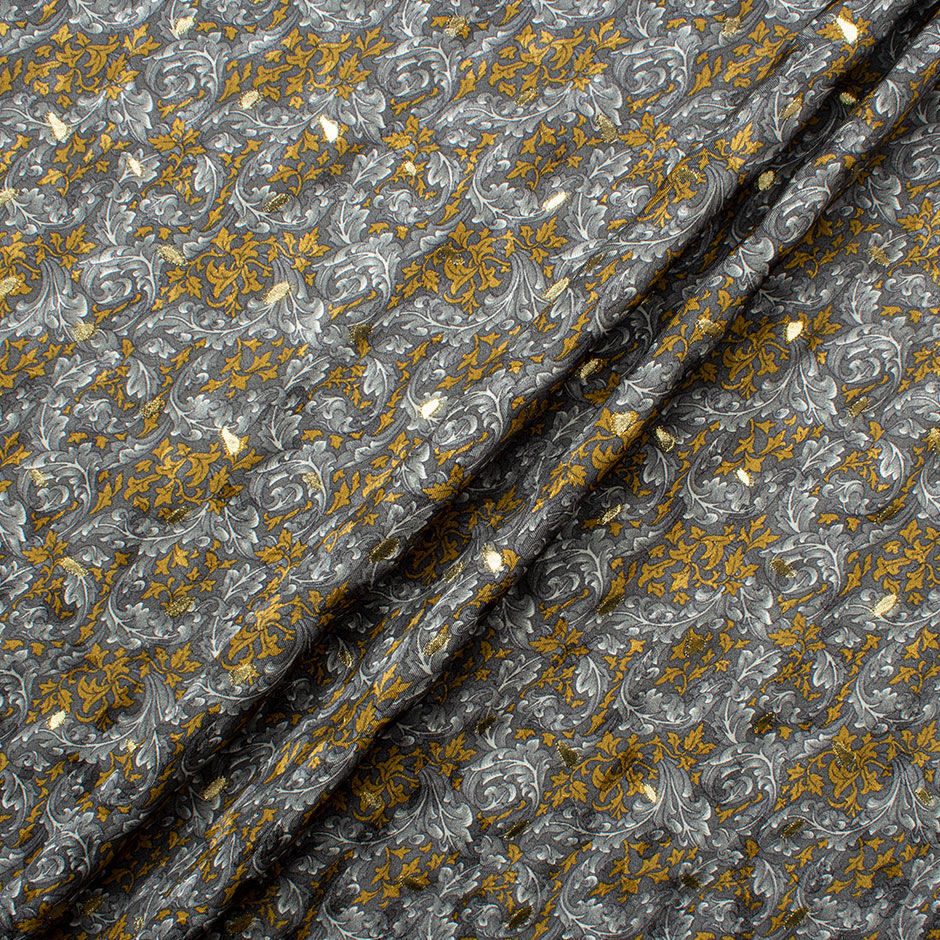 Gold Leaf Printed Grey Silk Metallic Jacquard