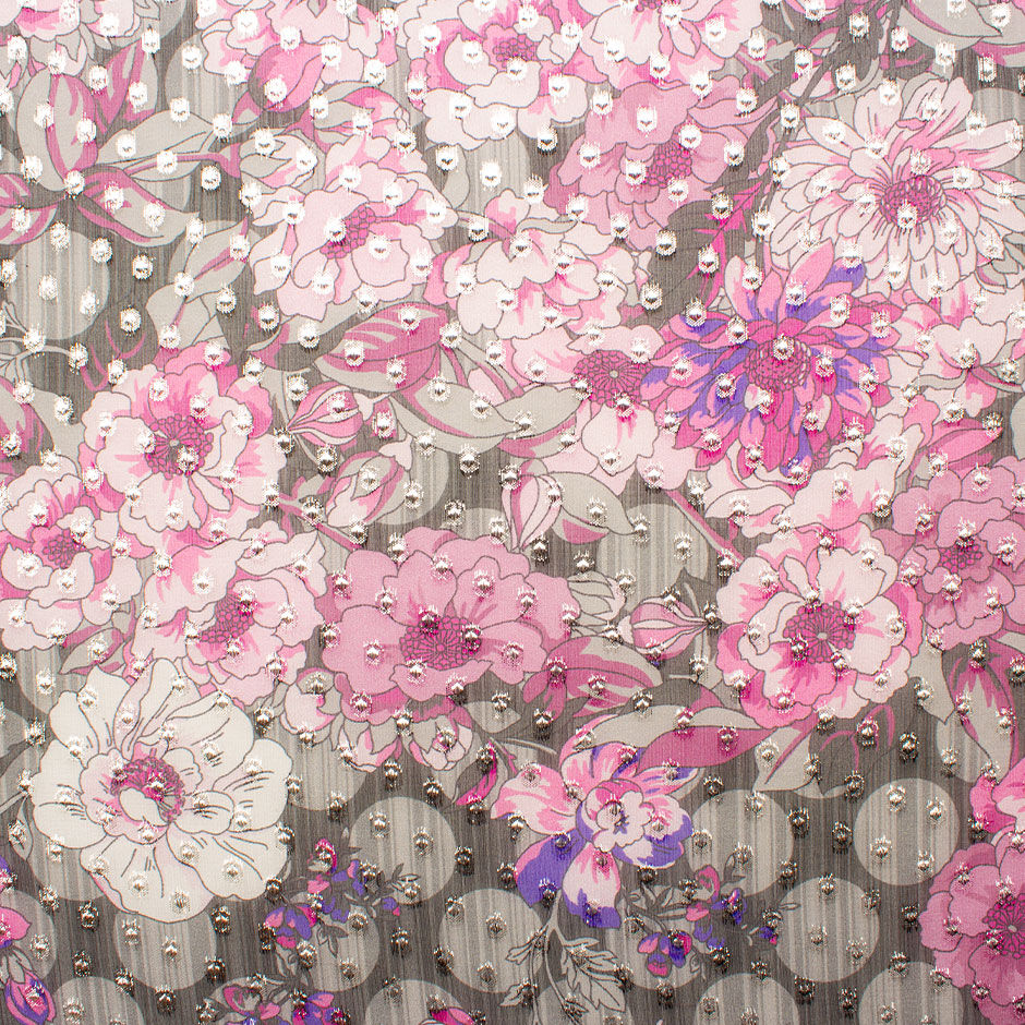 Pink Floral Grey Silver Metallic Jacquard