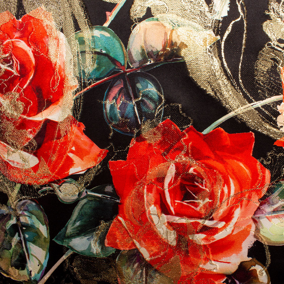 Red Rose Printed Metallic Black Silk Satin