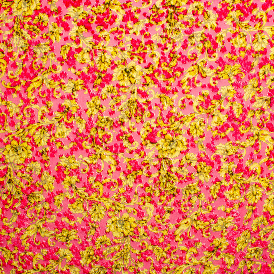 Fuchsia Pink & Yellow Floral Devoré Velvet