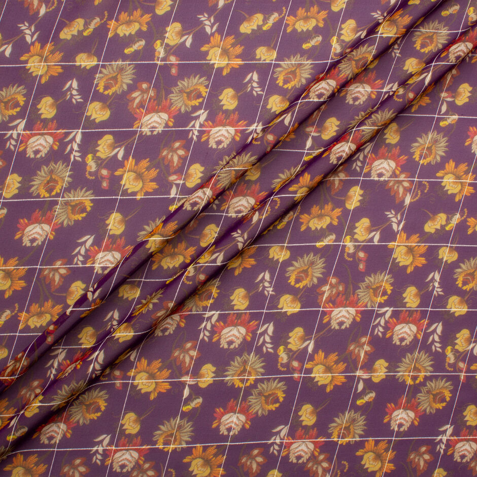 Yellow Floral Printed Purple Silk Georgette Jacquard