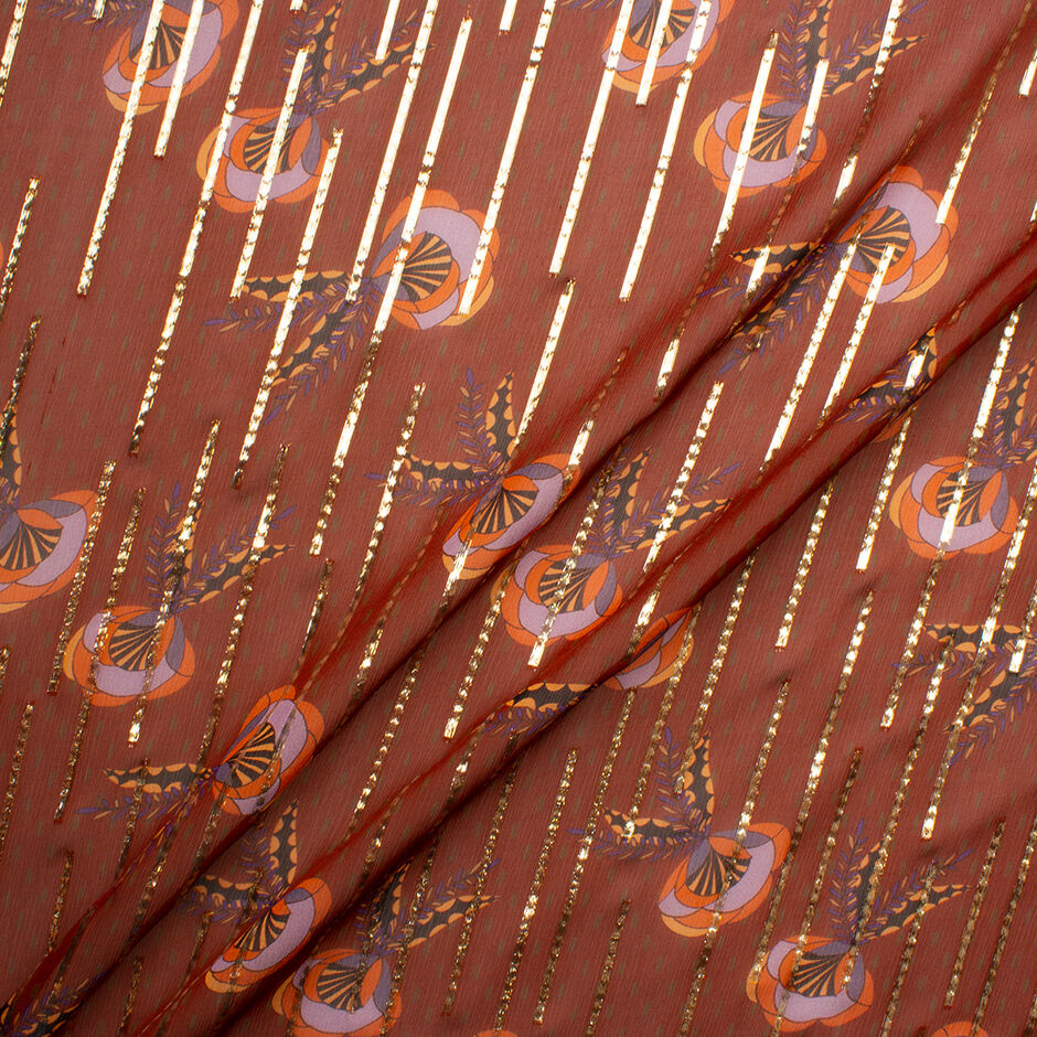 Rust Brown Floral Printed Metallic Silk Chiffon