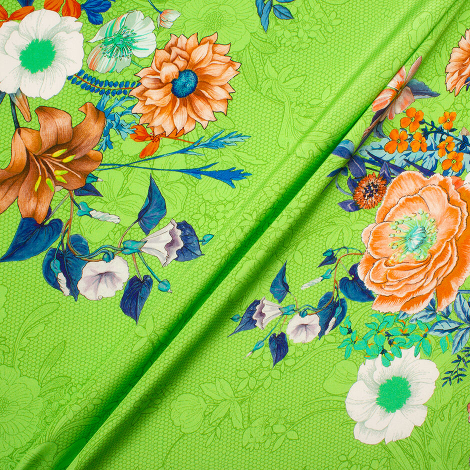 Orange & Blue Floral Printed Green Silk Crêpe de Chine