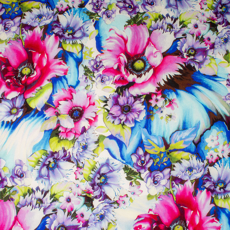 Pink & Purple Floral Printed Pure Silk Crêpe de Chine Fabric