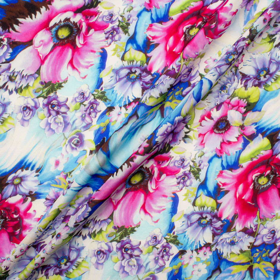 Pink & Purple Floral Printed Pure Silk Crêpe de Chine Fabric