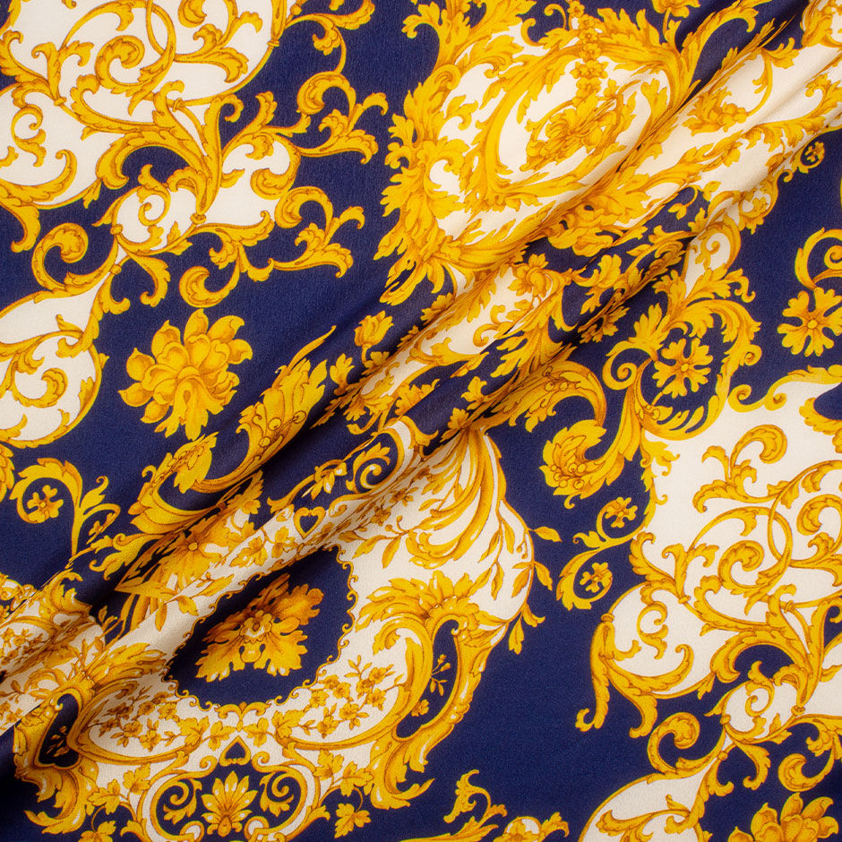 Yellow Baroque Printed Silk Crêpe de Chine Fabric