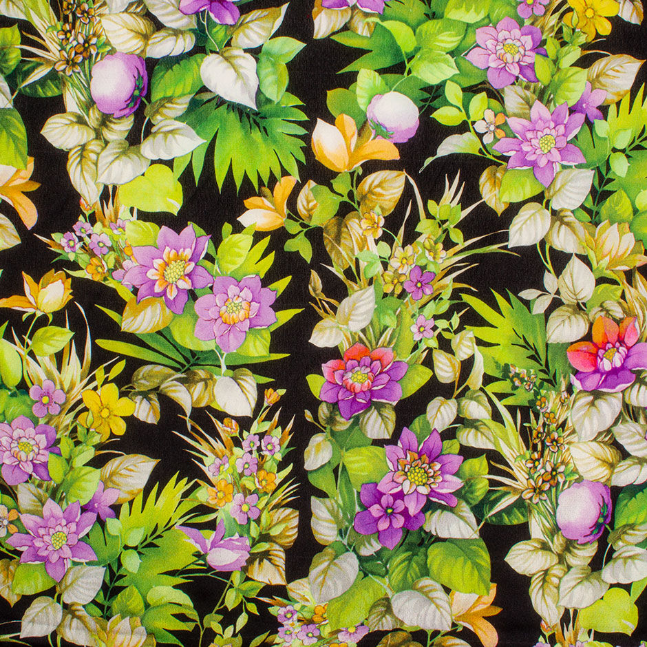 Purple & Green Floral Printed Black Silk Crêpe de Chine