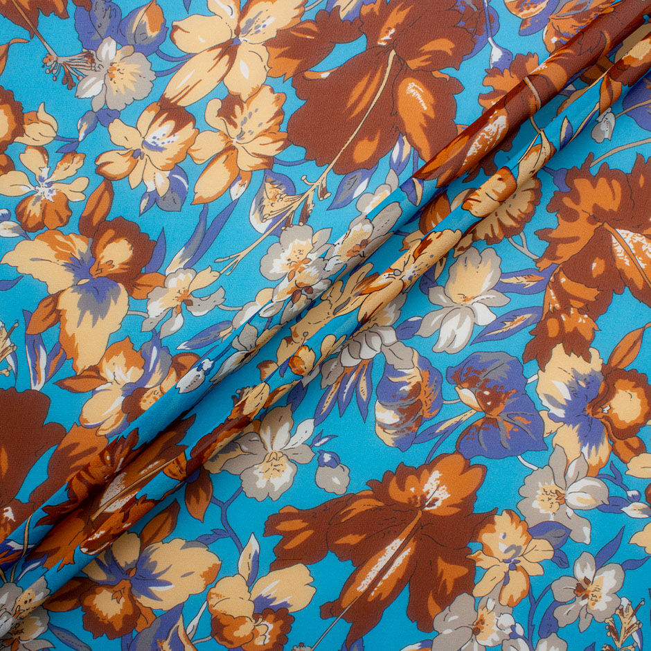 Brown Floral Printed Sky Blue Silk Georgette Fabric