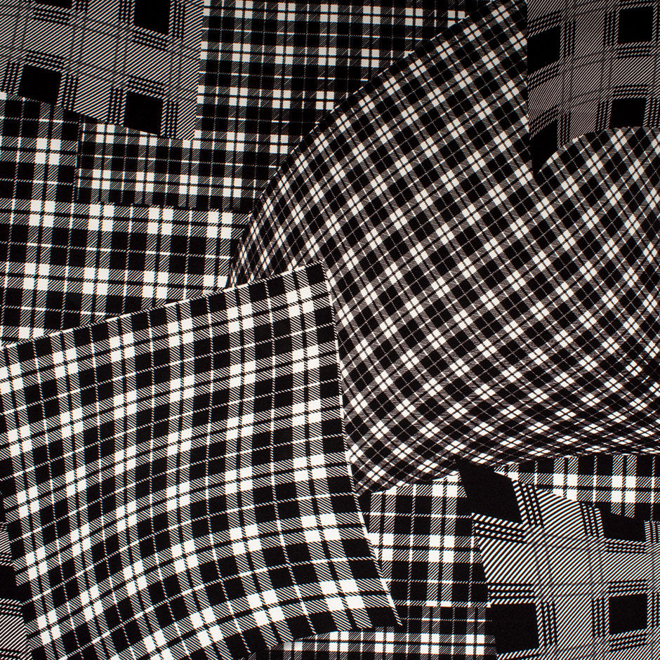 Monochrome Tartan Patchwork Printed Stretch Silk