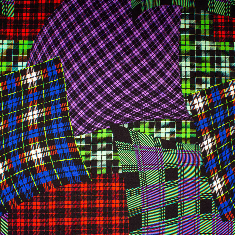 Multi-Coloured Tartan Patchwork Printed Stretch Silk