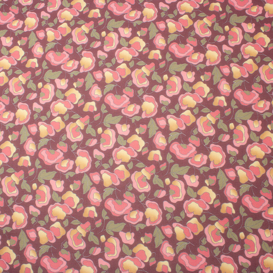 Pink & Khaki Floral Burgundy Silk Georgette (A 3.50m Piece)