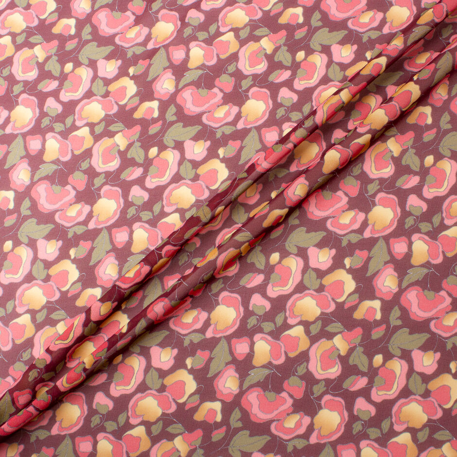 Pink & Khaki Floral Burgundy Silk Georgette (A 3.50m Piece)