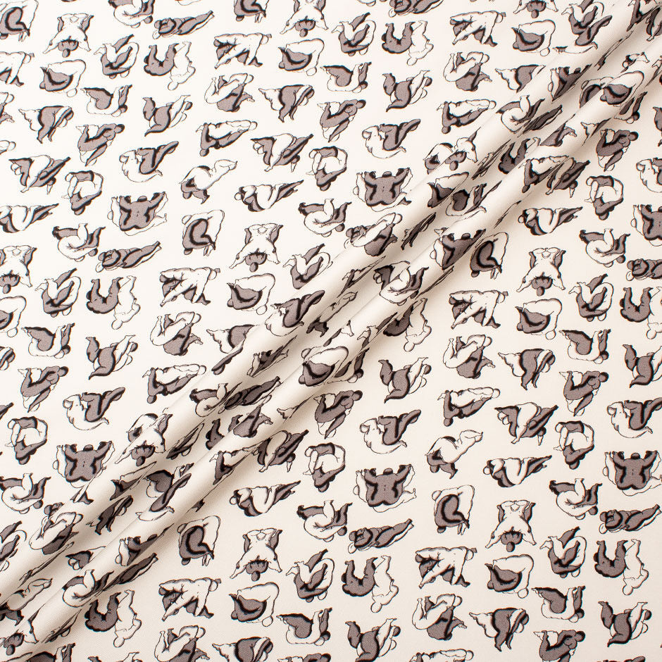 Grey & White Figures Printed White Silk Twill